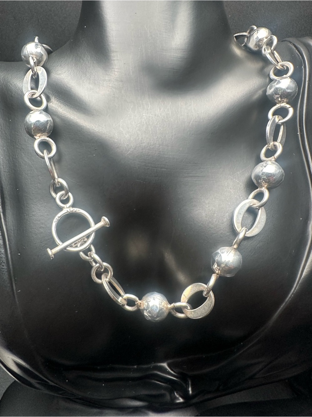 Chunky Sterling Silver 925 Statement Necklace, 18”, Faceted Beads, Toggle